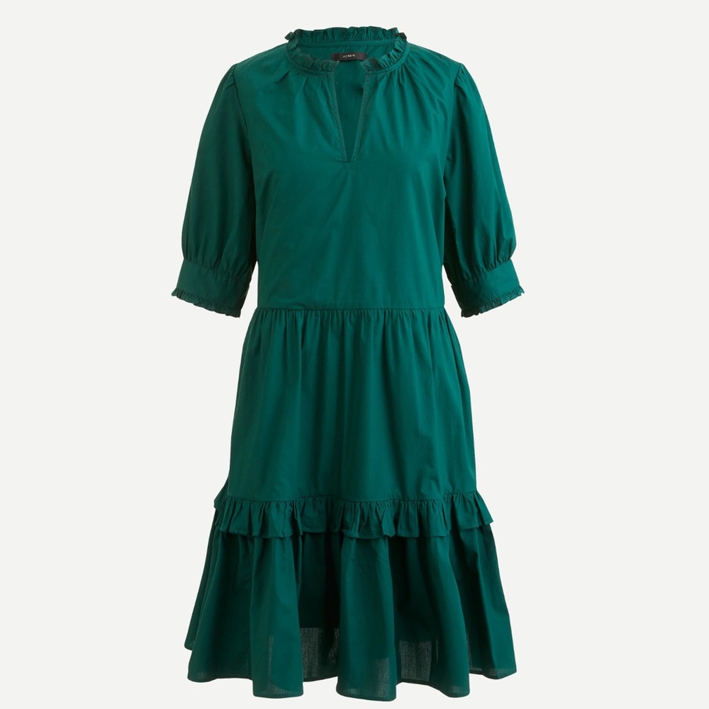 J. Crew Emerald Ruffle Neck Tiered Popover Dress❤️